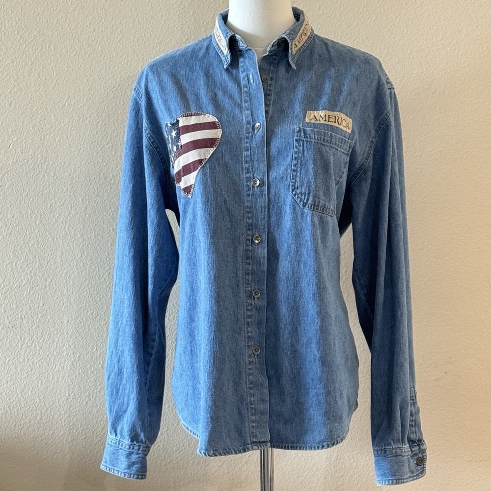 Vintage Americana Flag Denim Shirt Patriotic Western USA Heart Oversized Large